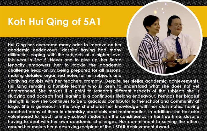 Two people pose together in a circular photo beside text honoring student Koh Hui Qing of 5A1.